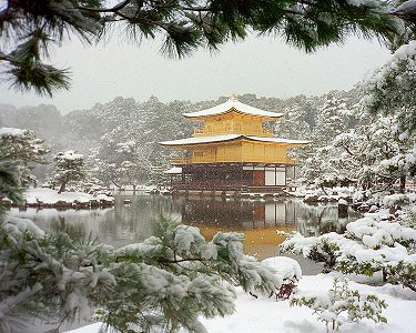 A Buddist Temple in Kyoto, Japan.  Fresh snow is on the ground and the trees.